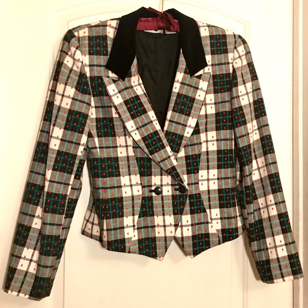 JRS Brand 90s Vintage Plaid Blazer w/Velvet Collar